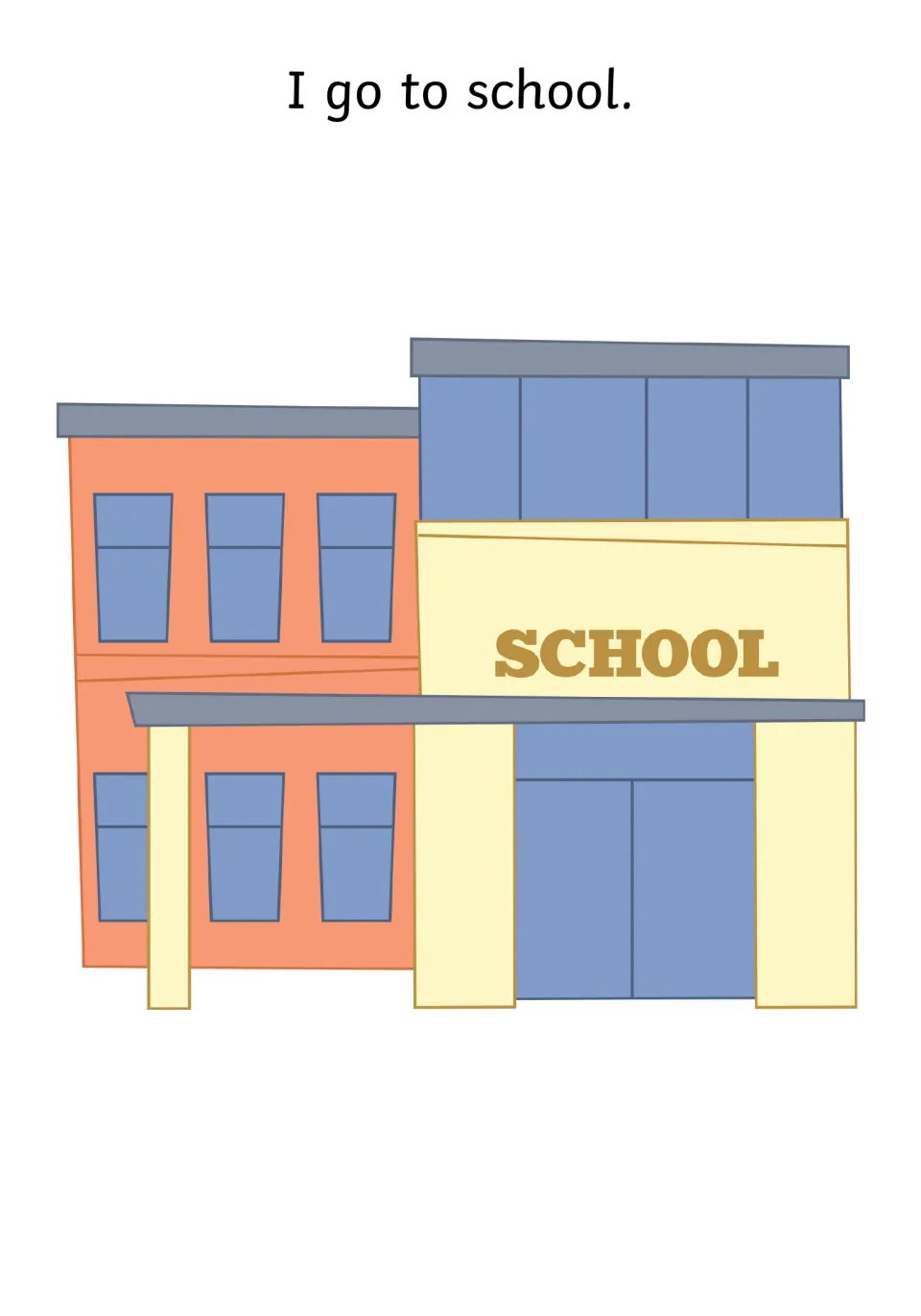 Story opener: the line "I go to school." beside a drawing of a school building to set the familiar scene