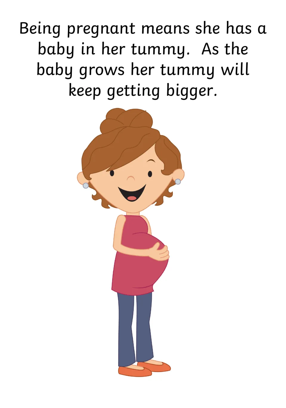 What pregnancy means: a baby grows in her tummy, which will keep getting bigger, shown with the teacher's baby bump
