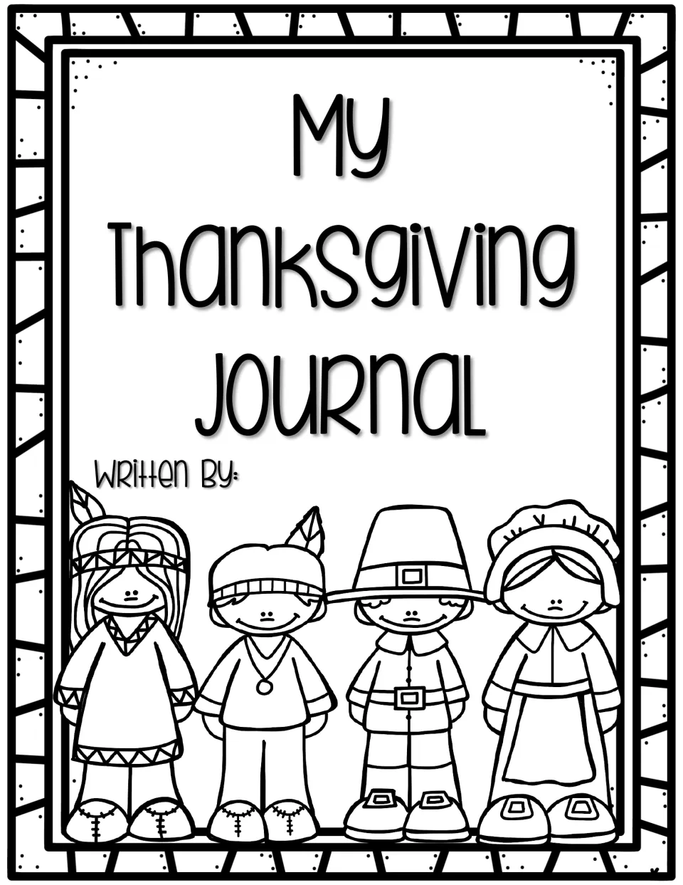 Black-and-white cover for the Thanksgiving writing journal, with a 'Written by' space for the student's name