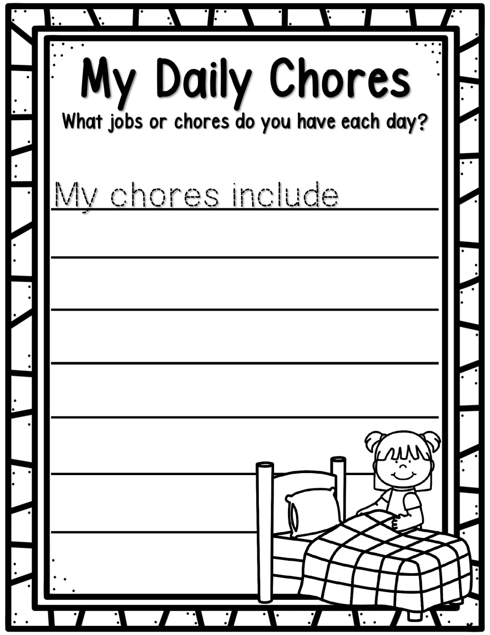 My Daily Chores journal prompt asking students about their everyday jobs, with the starter 'My chores include'