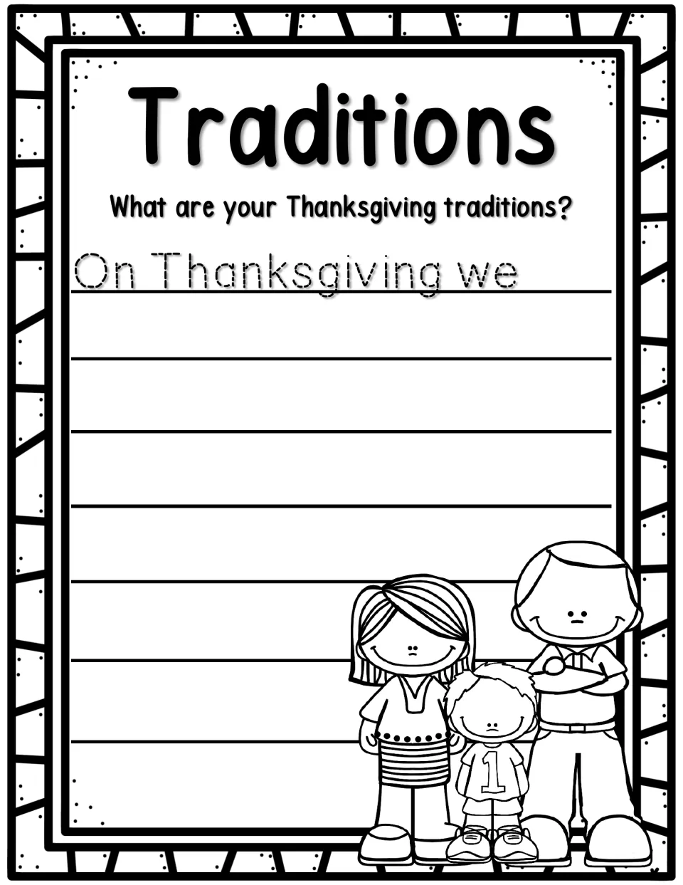 Traditions journal prompt asking about students' Thanksgiving traditions, with the starter 'On Thanksgiving we'