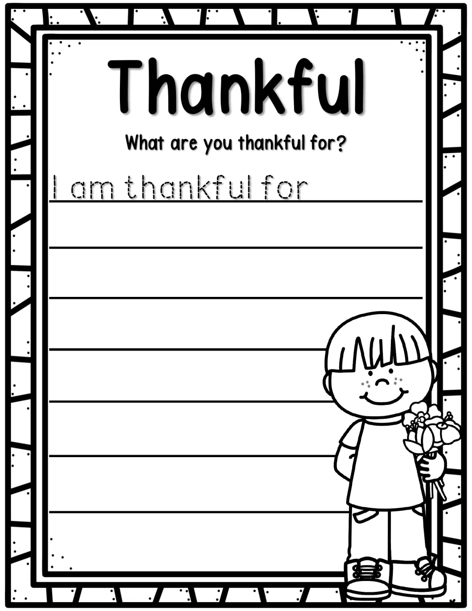 Thankful journal prompt asking students what they are thankful for, with the sentence starter 'I am thankful for'