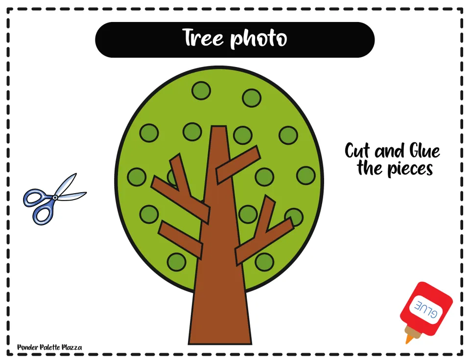 Tree photo model: the finished tree with a dotted green treetop, brown trunk and branches, and a cut-and-glue reminder
