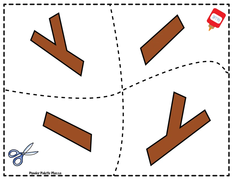 Branch cut-out pieces: four brown branches, two forked and two straight, for students to cut apart and glue onto the trunk