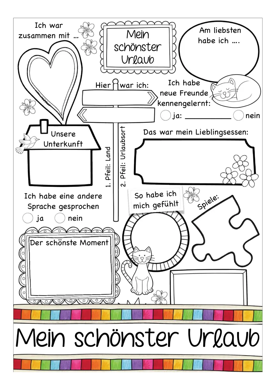 Cover for the German vacation worksheet, showing prompts about travel companions, lodging, food, and feelings.