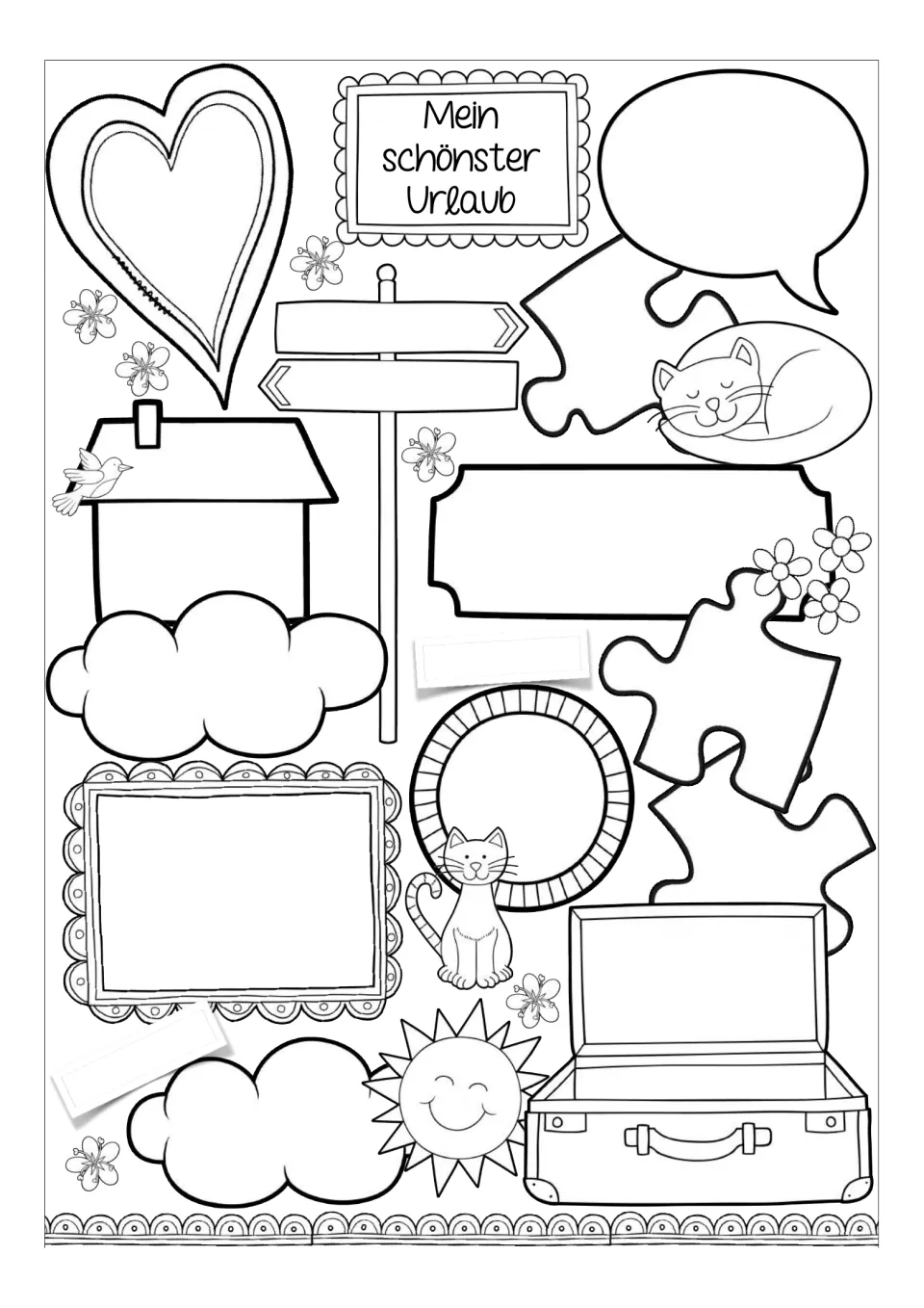 Blank German vacation worksheet template titled 'Mein schönster Urlaub' (My Best Vacation), without prompts.