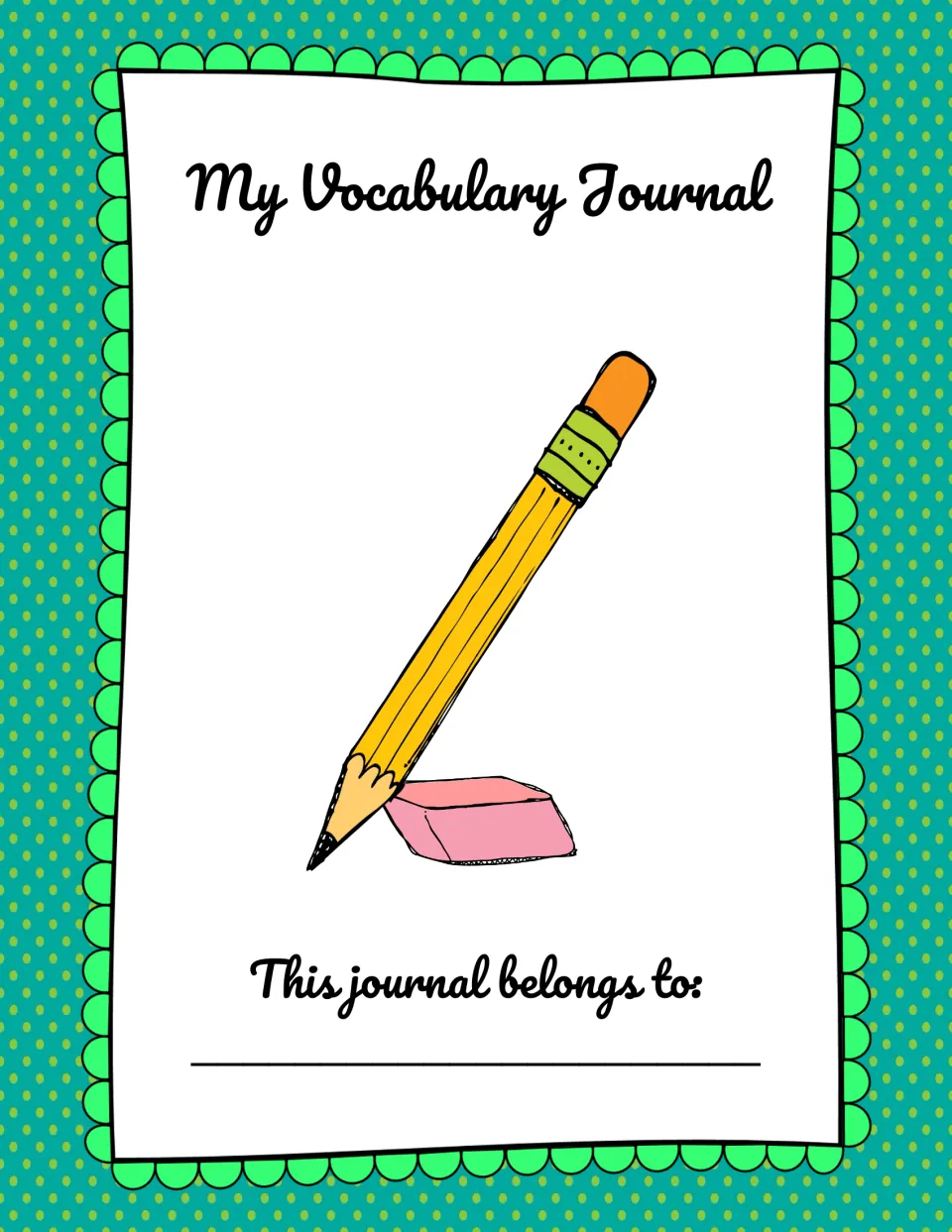 Vocabulary journal cover titled 'My Vocabulary Journal' with 'This journal belongs to' for the student's name.