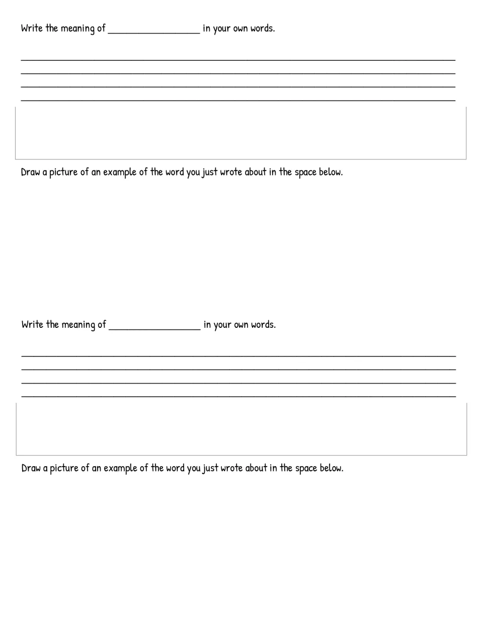 Vocabulary journal entry sheet for two words, each with an own-words definition and a drawing of an example.
