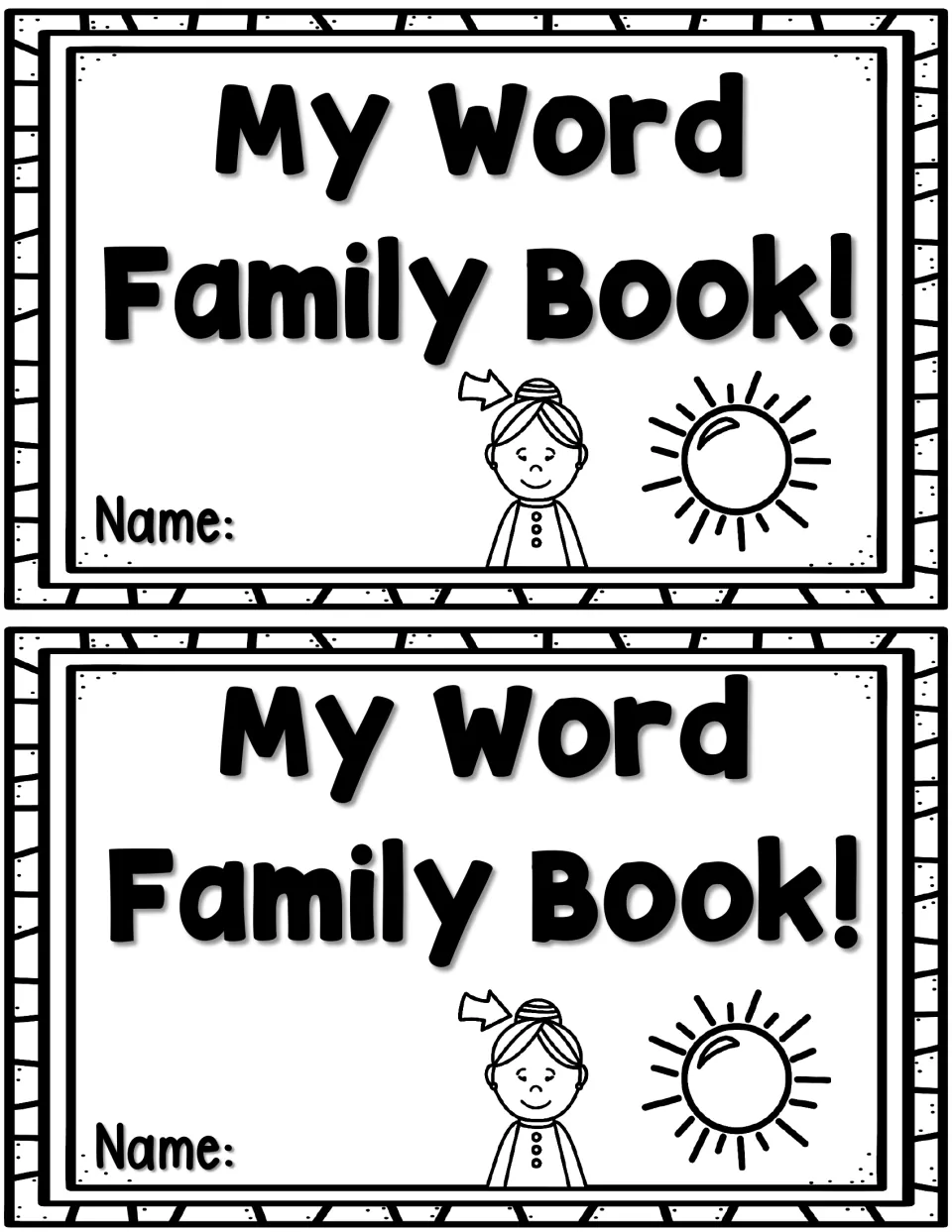 Cover: two copies of the booklet cover titled My Word Family Book! with a Name line, a girl with a hair bun and a sun