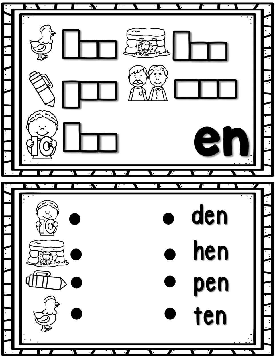 -en word family: students spell hen, den, pen, men and ten in letter boxes, then match pictures to den, hen, pen, ten
