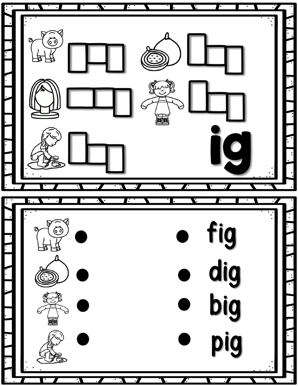 -ig word family: students write pig, fig, wig, big and dig in letter boxes, then match pictures to fig, dig, big, pig