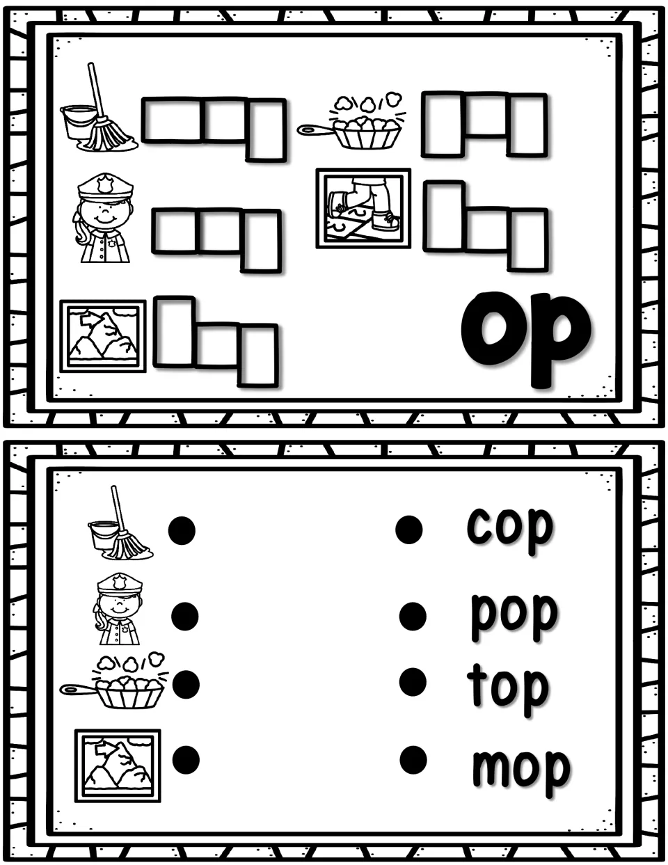 -op word family: students spell mop, pop, cop, hop and top in letter boxes, then draw lines to match cop, pop, top, mop