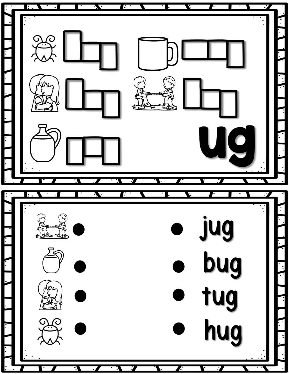 -ug word family: students box-spell bug, mug, hug, tug and jug by each picture, then match pictures to jug, bug, tug, hug