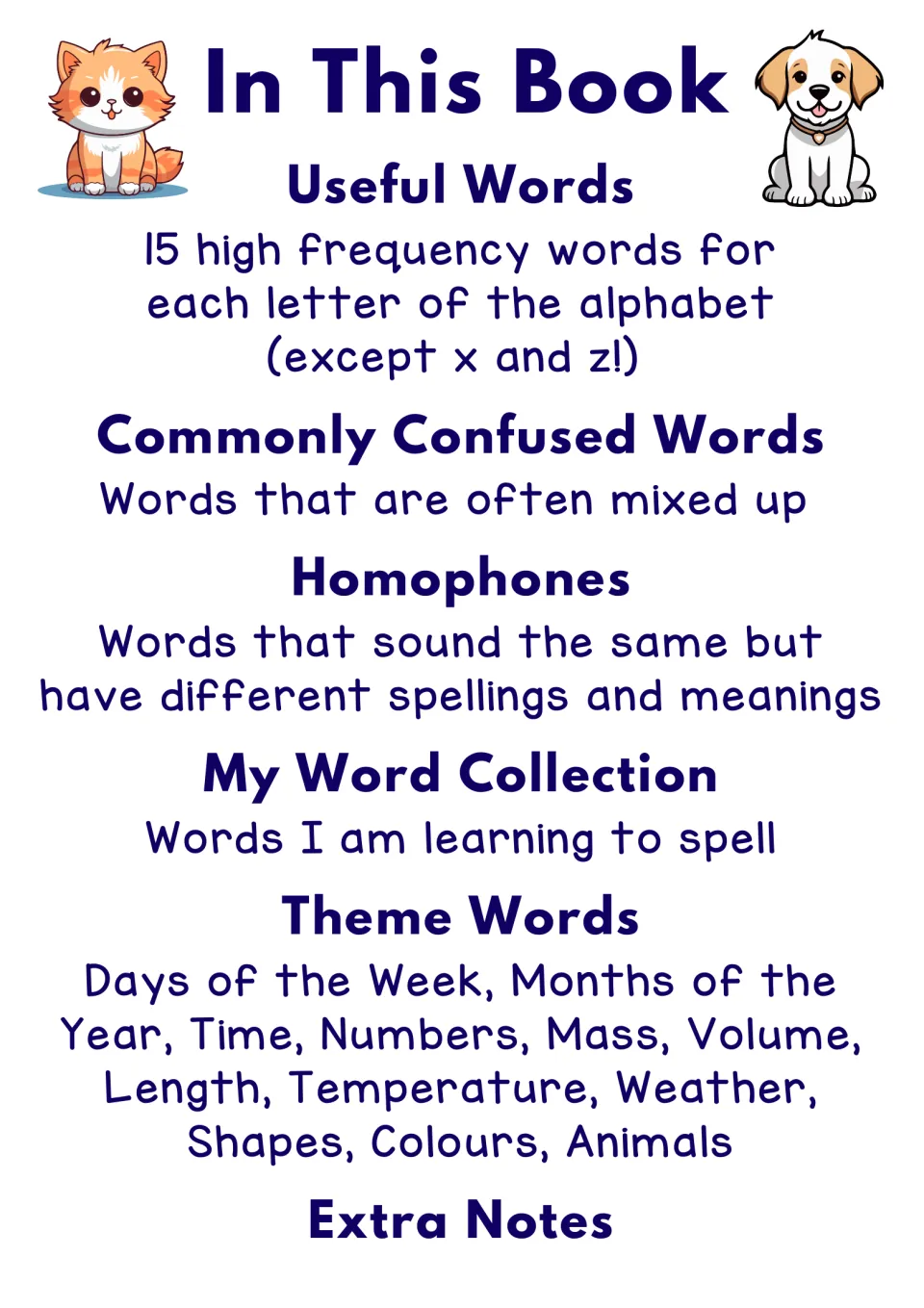 Dictionary contents: useful words, commonly confused words, homophones, word collection, themes, and notes