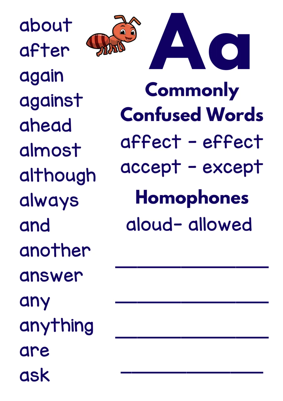 Dictionary A reference page: 15 words, affect/effect, accept/except, and the homophones aloud/allowed