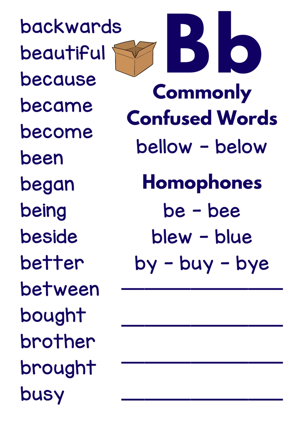Dictionary B reference page: 15 words, bellow/below, and homophones be/bee, blew/blue, and by/buy/bye