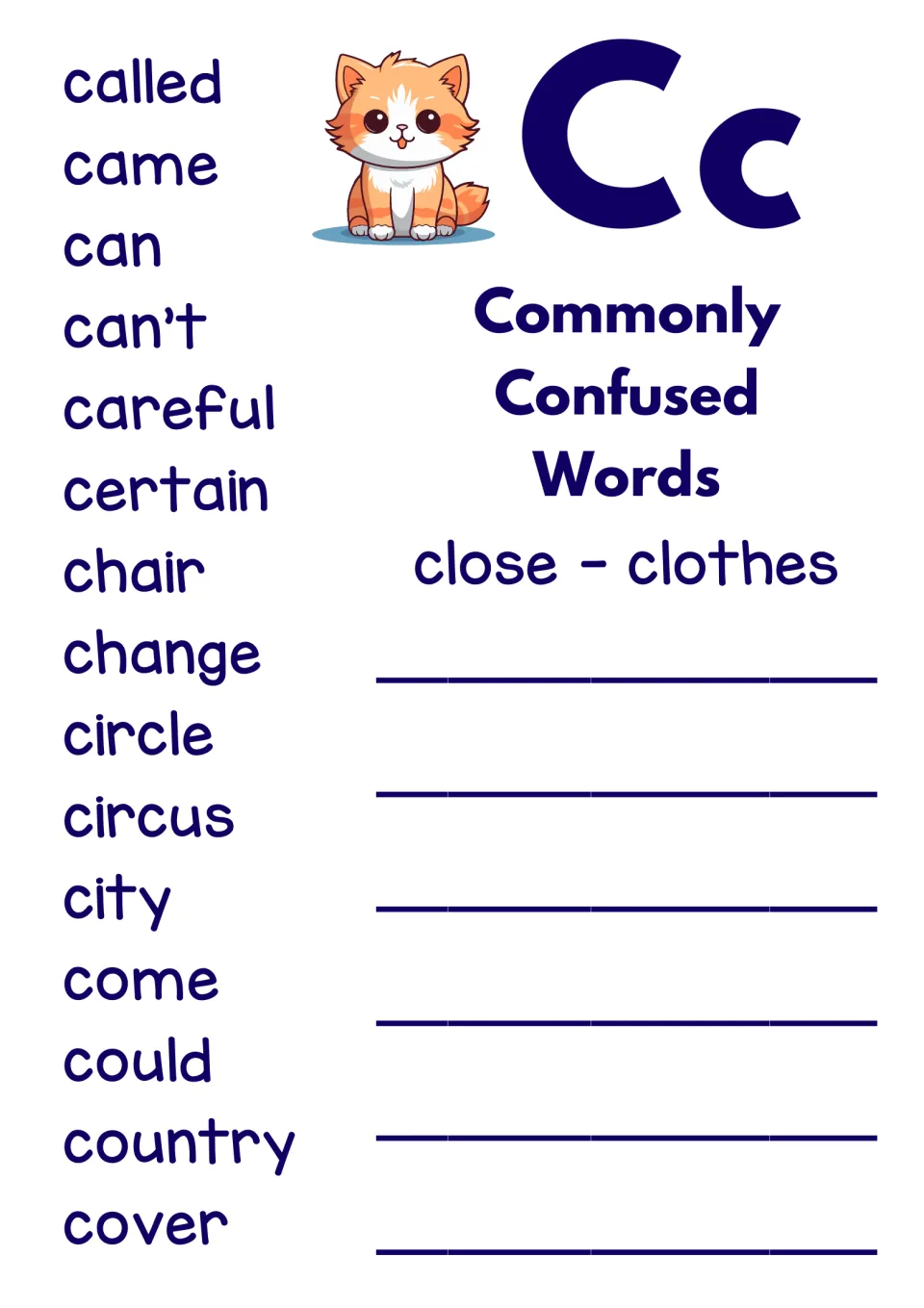 Dictionary C reference page lists 15 words, including called, came, and can, plus the confused pair close/clothes
