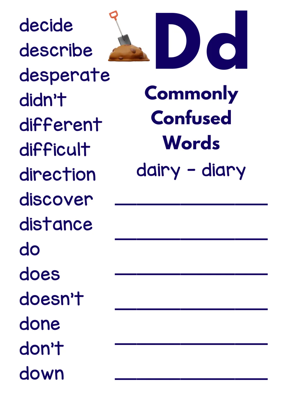 Dictionary D reference page lists 15 words, including decide, describe, and desperate, plus dairy/diary