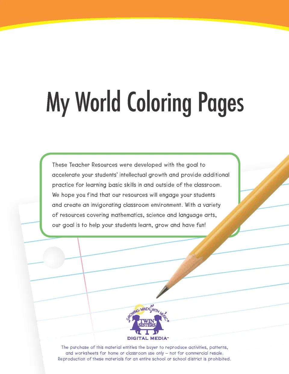 My World Coloring Pages cover from Twin Sisters with a note to teachers and a home or classroom reproduction notice