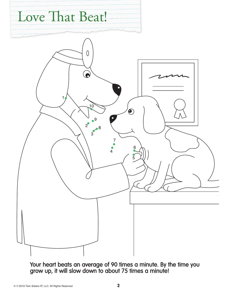 Love That Beat! dot-to-dot: students join dots 1 to 10 to finish a dog doctor's stethoscope, then color the puppy checkup