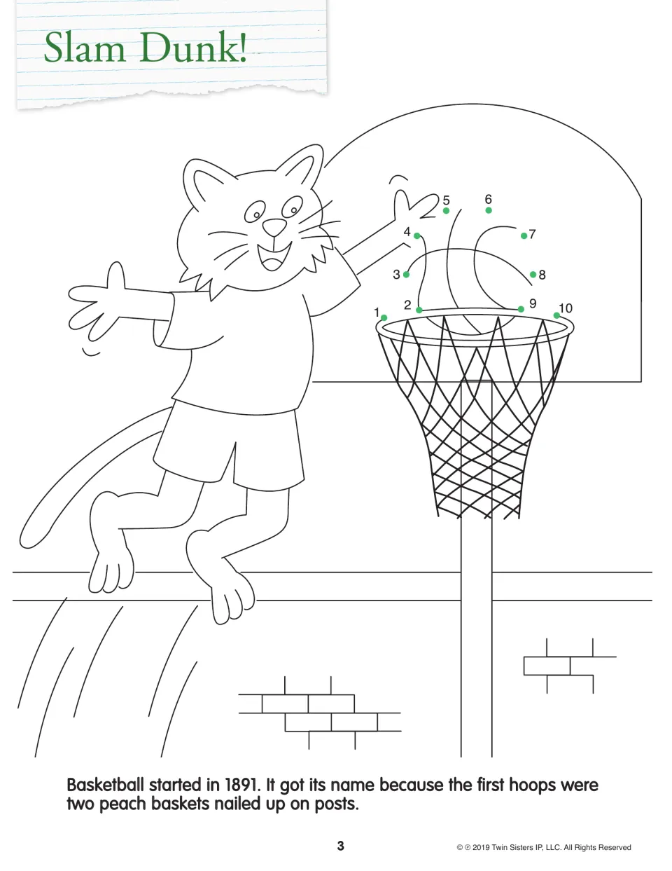 Slam Dunk! dot-to-dot: students connect 1 to 10 to draw the basketball a cat is dunking, then color; fact on peach baskets