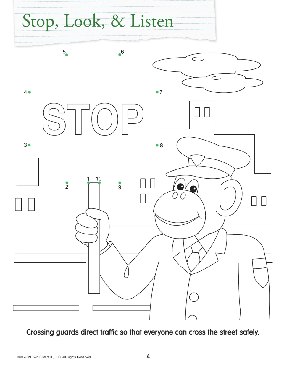 Stop, Look, & Listen dot-to-dot: students join dots 1 to 10 to form a stop sign held by a monkey crossing guard, then color
