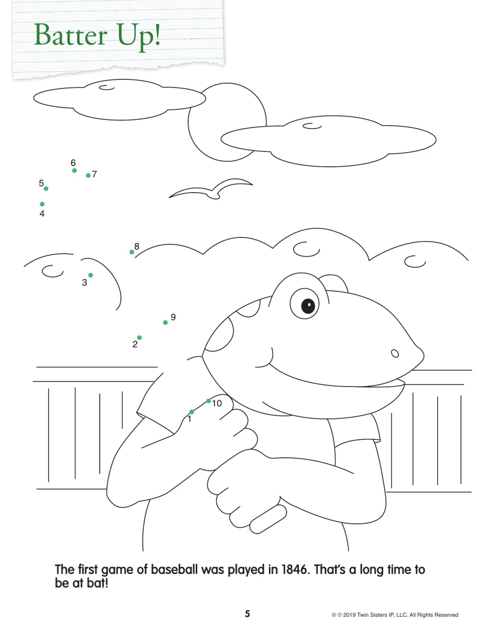 Batter Up! dot-to-dot: students connect dots 1 to 10 to draw the bat for a smiling cartoon batter, then color the ballpark