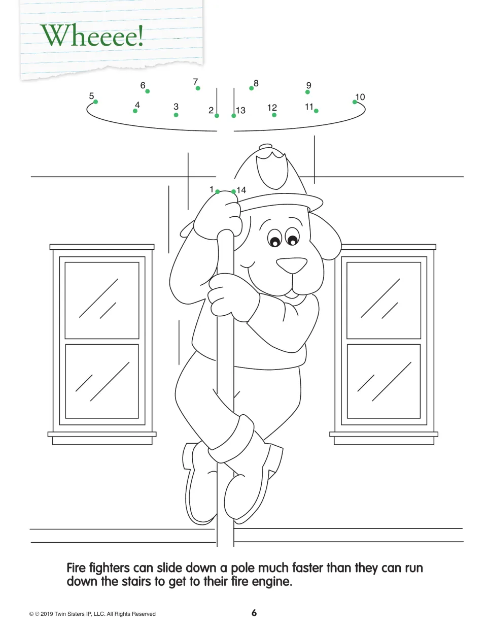 Wheeee! dot-to-dot: students join dots 1 to 14 to draw the hole a dog firefighter slides through on a pole, then color