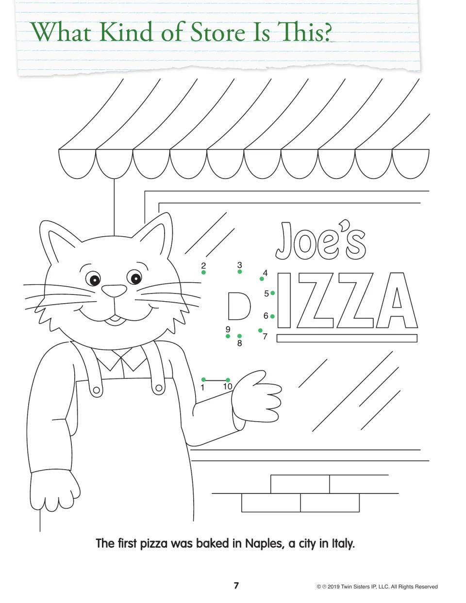 What Kind of Store Is This? Students connect dots 1 to 10 to make the P in Joe's PIZZA beside a cat shopkeeper, then color