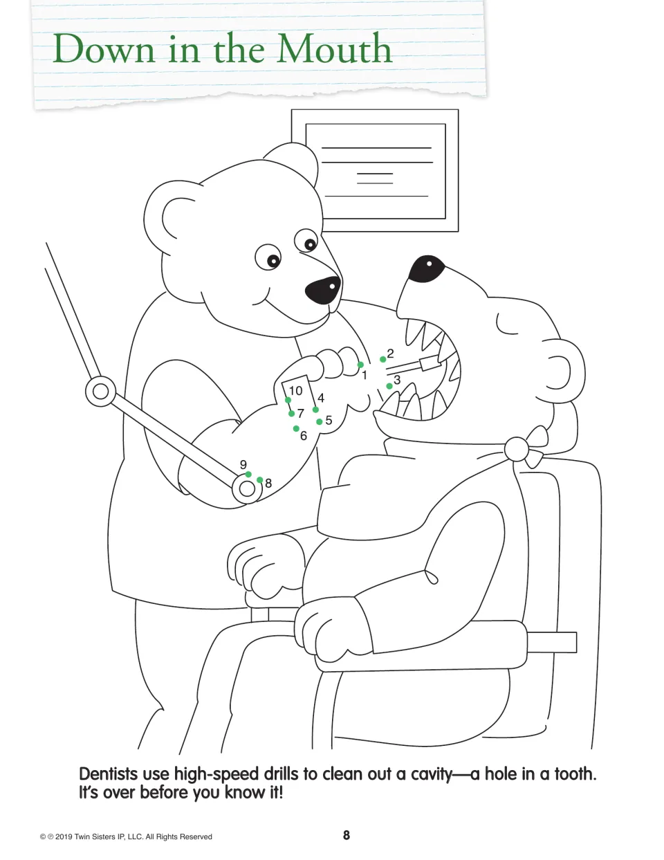 Down in the Mouth dot-to-dot: students join dots 1 to 10 to draw the drill a bear dentist uses on a patient, then color