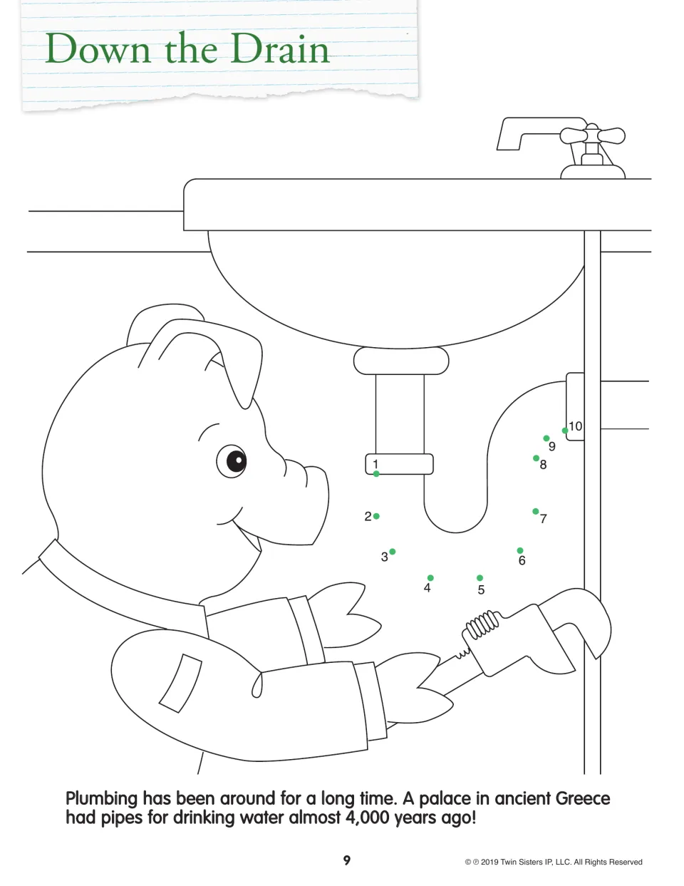 Down the Drain dot-to-dot: students connect dots 1 to 10 to finish the sink pipe a pig plumber is fixing, then color
