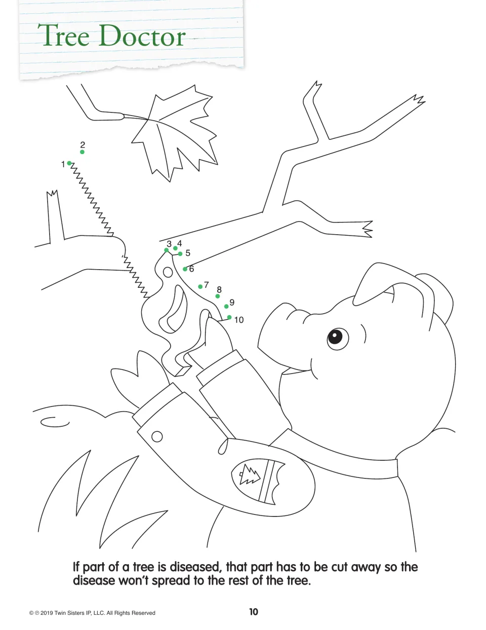 Tree Doctor dot-to-dot: students join dots 1 to 10 to finish the saw a pig uses to trim a tree branch, then color the scene