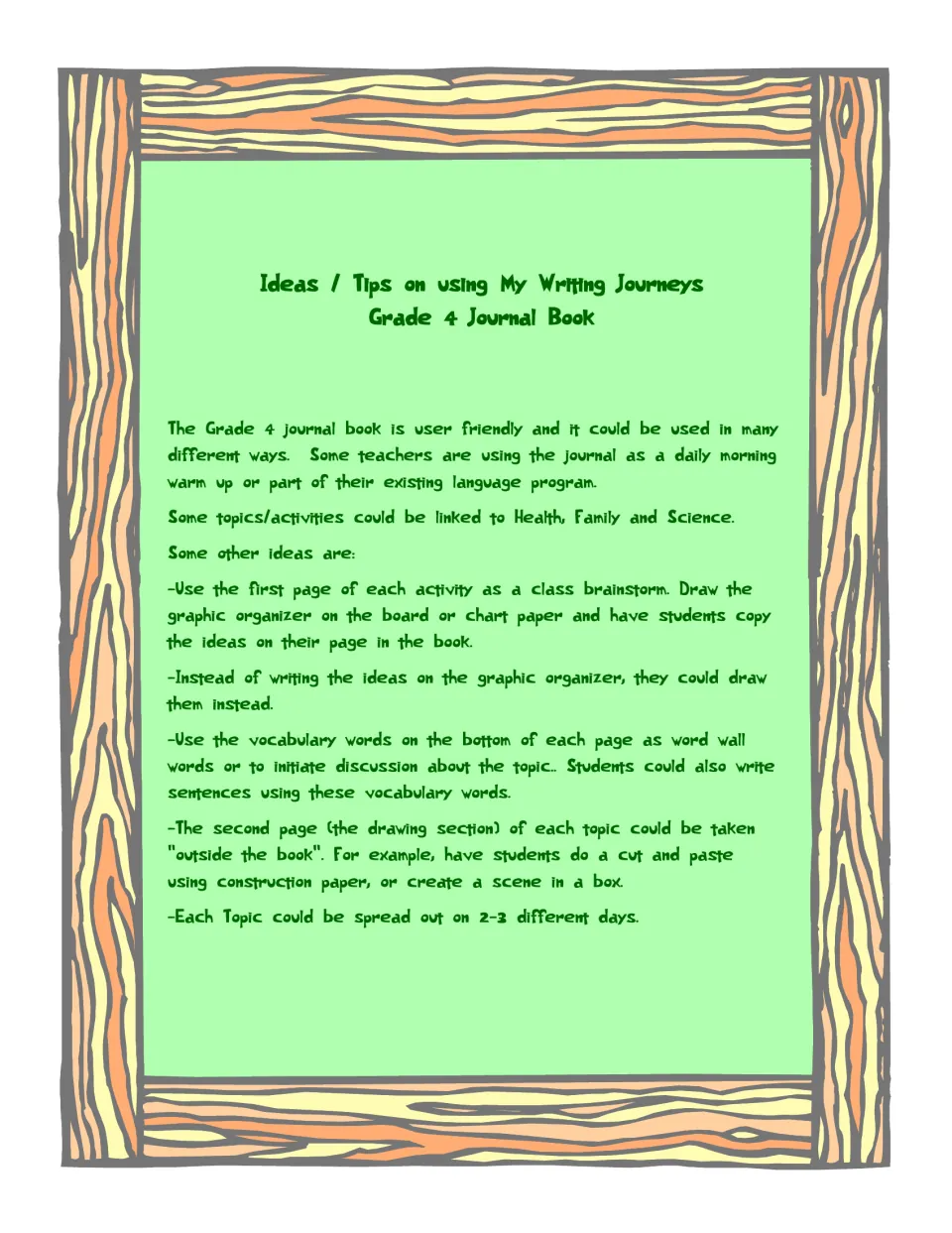 Teacher tips for the journal: morning warm-up use, class brainstorms, word wall vocabulary and drawing page extensions