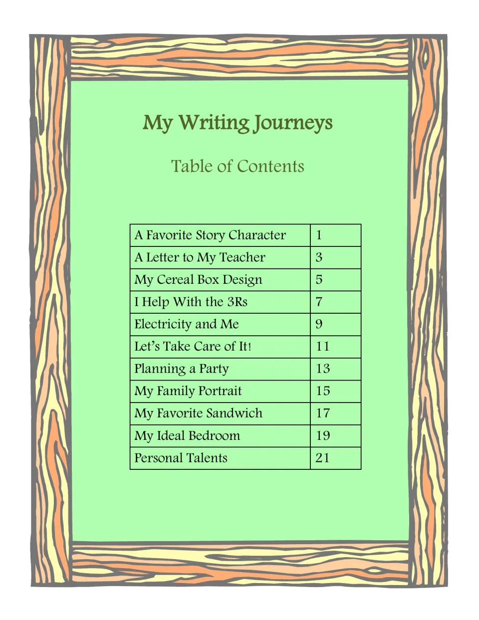 Table of contents listing 11 journal topics, from A Favorite Story Character to Personal Talents, with page numbers