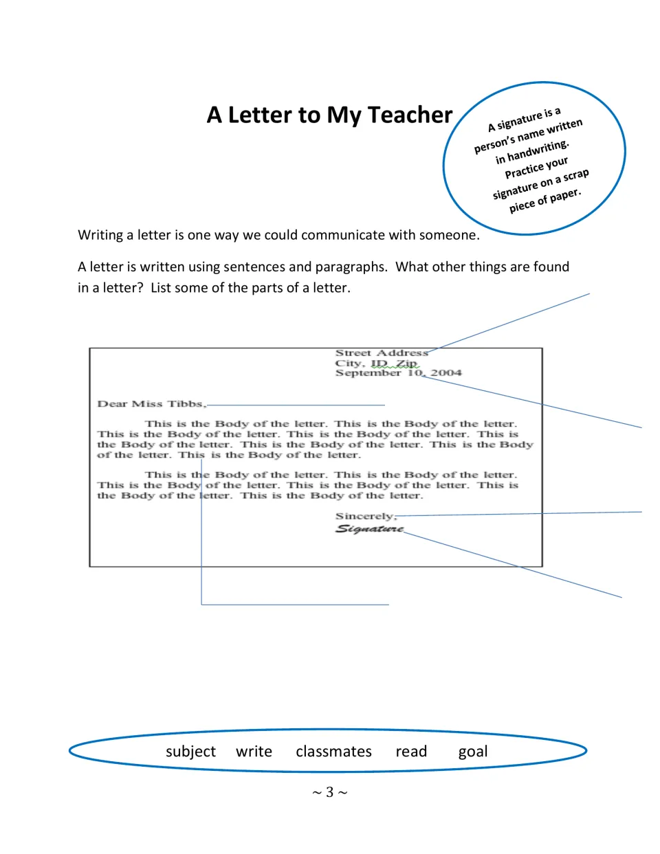 A Letter to My Teacher: students label the parts of a sample letter, such as address, greeting, body and signature