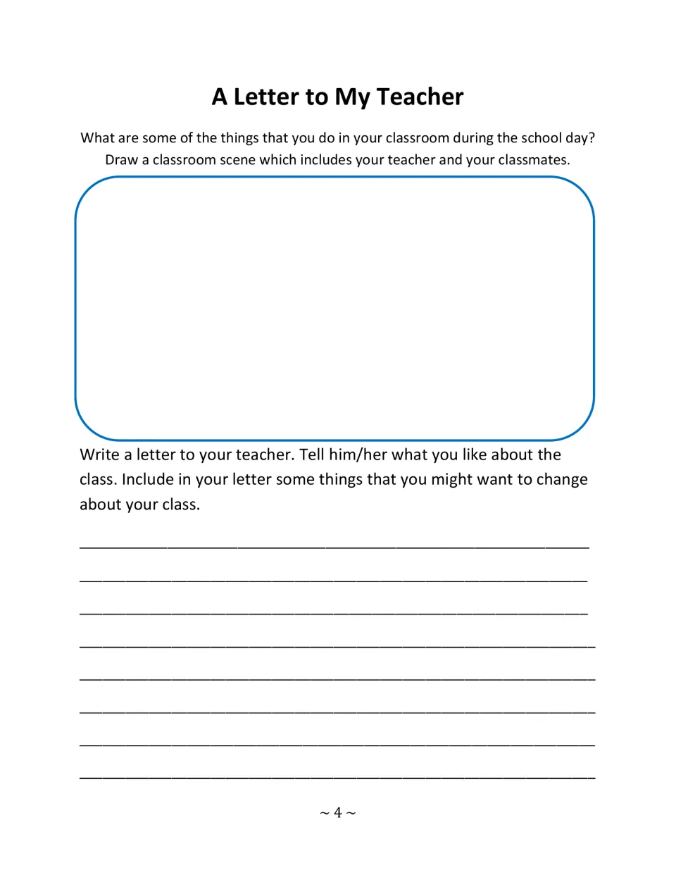 Class letter: students draw a classroom scene with teacher and classmates, then write a letter about likes and changes