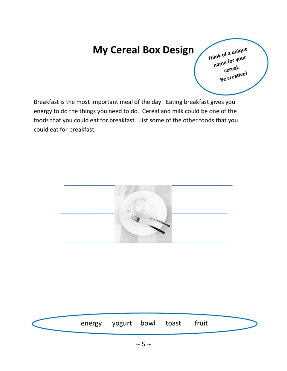 My Cereal Box Design: students list breakfast foods around a plate, with word bank energy, yogurt, bowl, toast, fruit