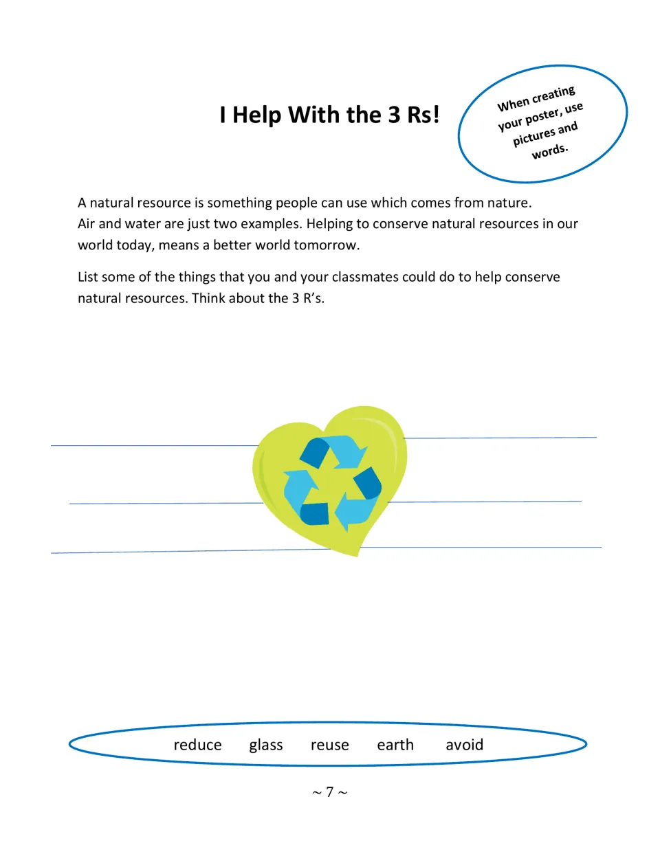 I Help With the 3 Rs: students list ways classmates can conserve natural resources, with a recycle symbol in a heart