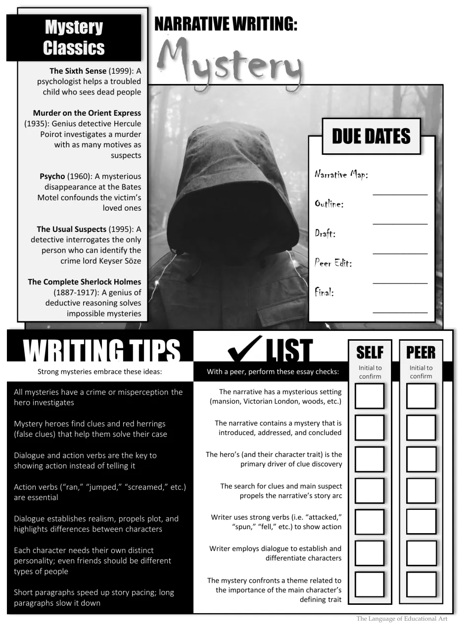 Black-and-white overview: mystery film and book classics, due dates for each stage, writing tips and self/peer checklist