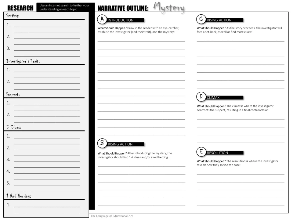 Grayscale mystery outline: students note research on setting, suspect, clues and red herring, then fill A to E sections