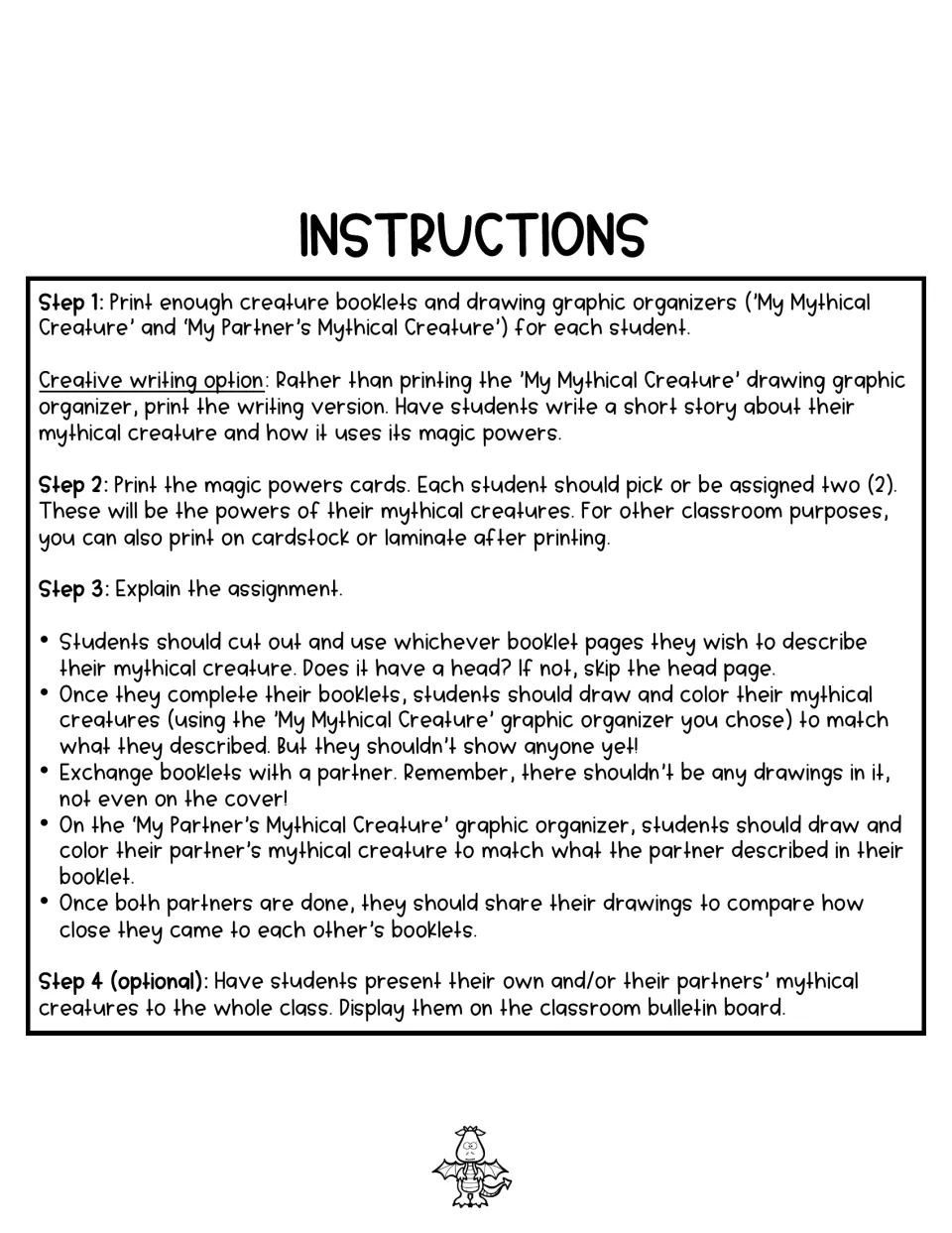 Craftivity instructions for making creature booklets, assigning two magic powers, and exchanging partner drawings