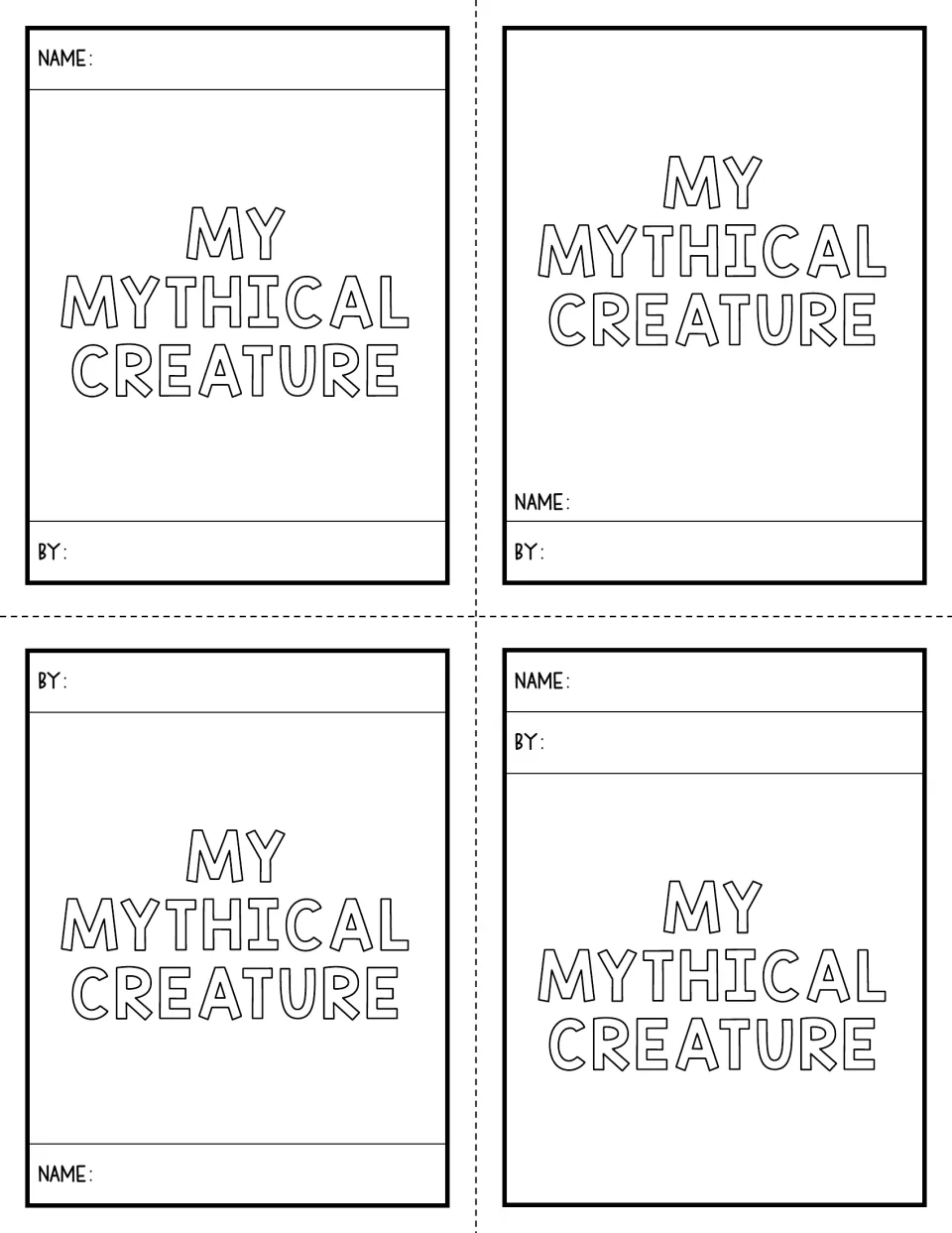 Four cut-apart booklet cover choices titled My Mythical Creature, each with spaces labeled Name and By