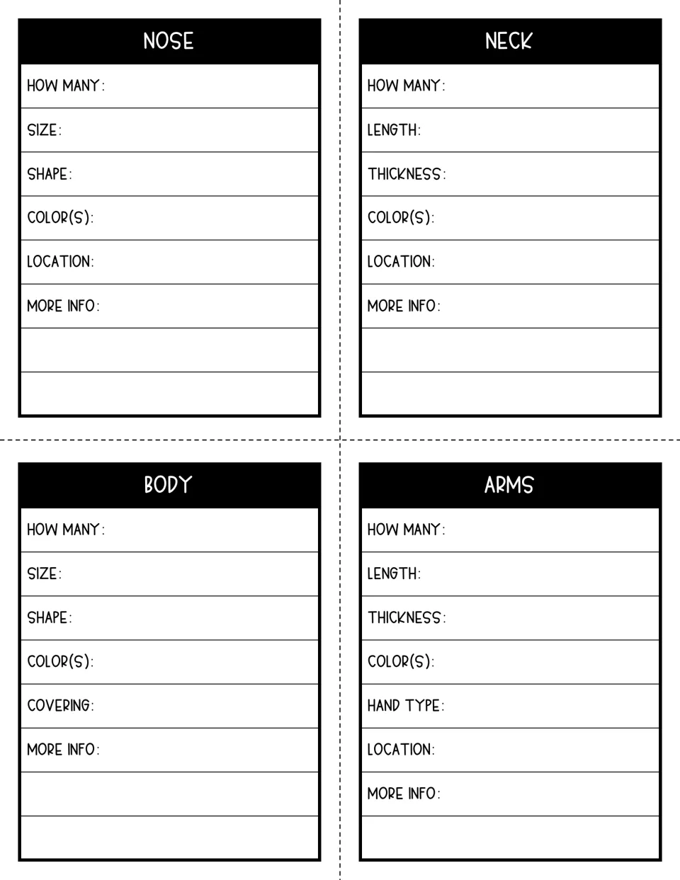 Four creature booklet pages for nose, neck, body, and arms, with prompts for body covering and hand type