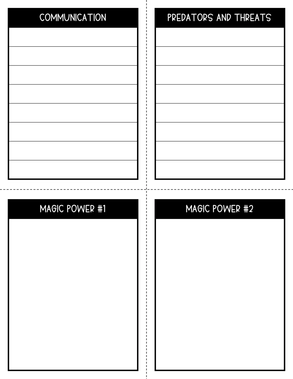 Four creature booklet pages for communication, predators and threats, and spaces for magic powers 1 and 2