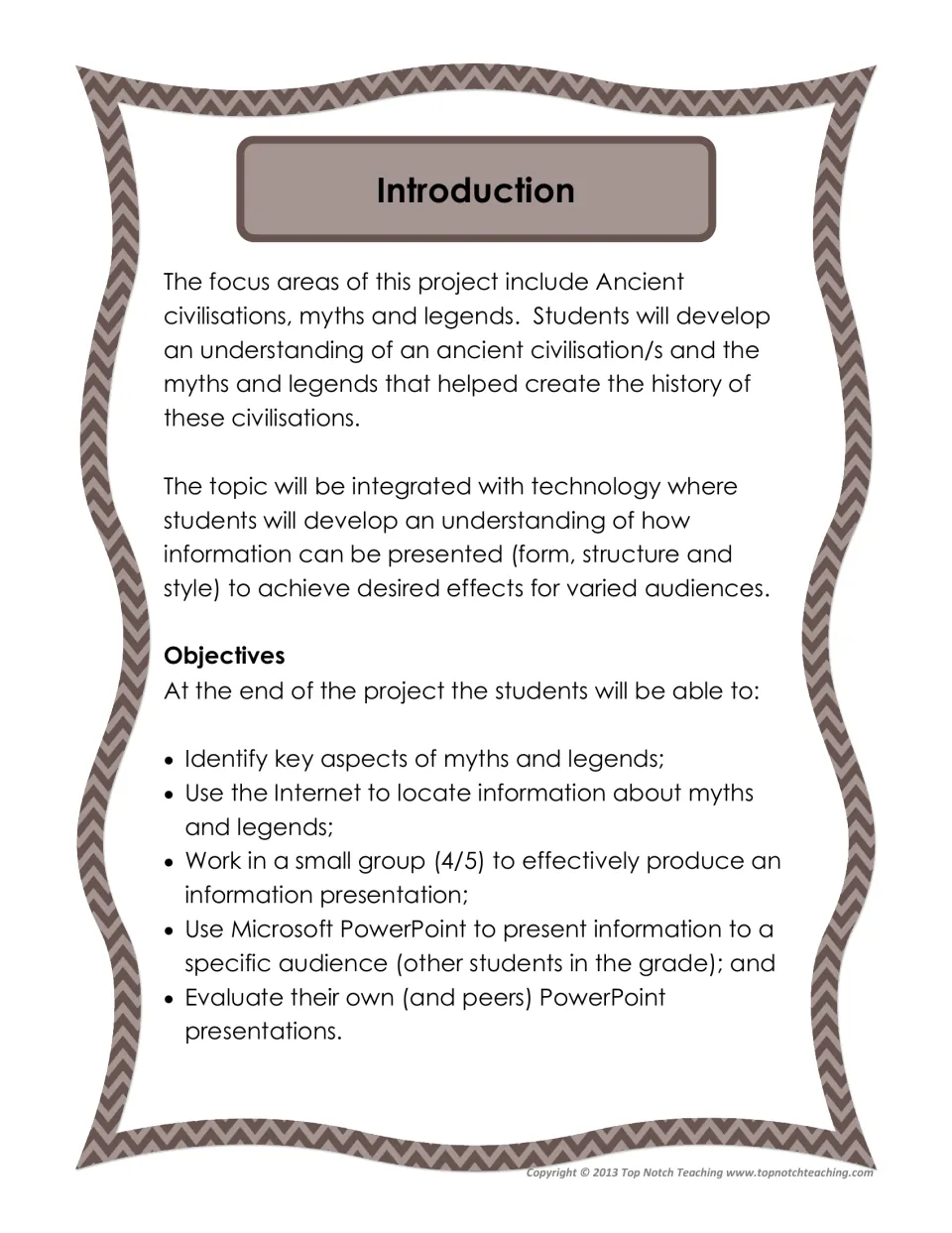 Project introduction sets goals for studying ancient civilizations, researching myths, and presenting in groups