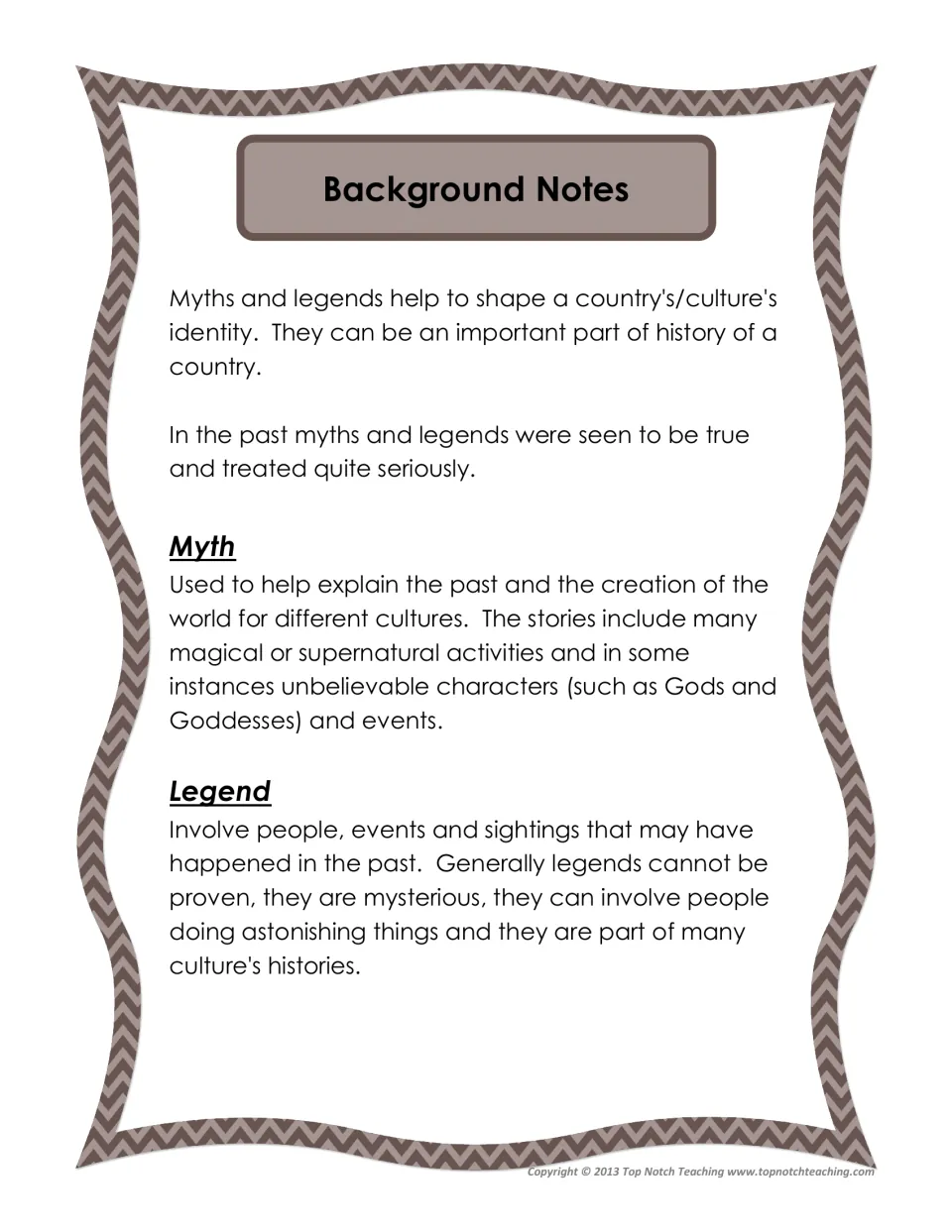 Project background notes define myths and legends and explain their connections to cultural identity and history