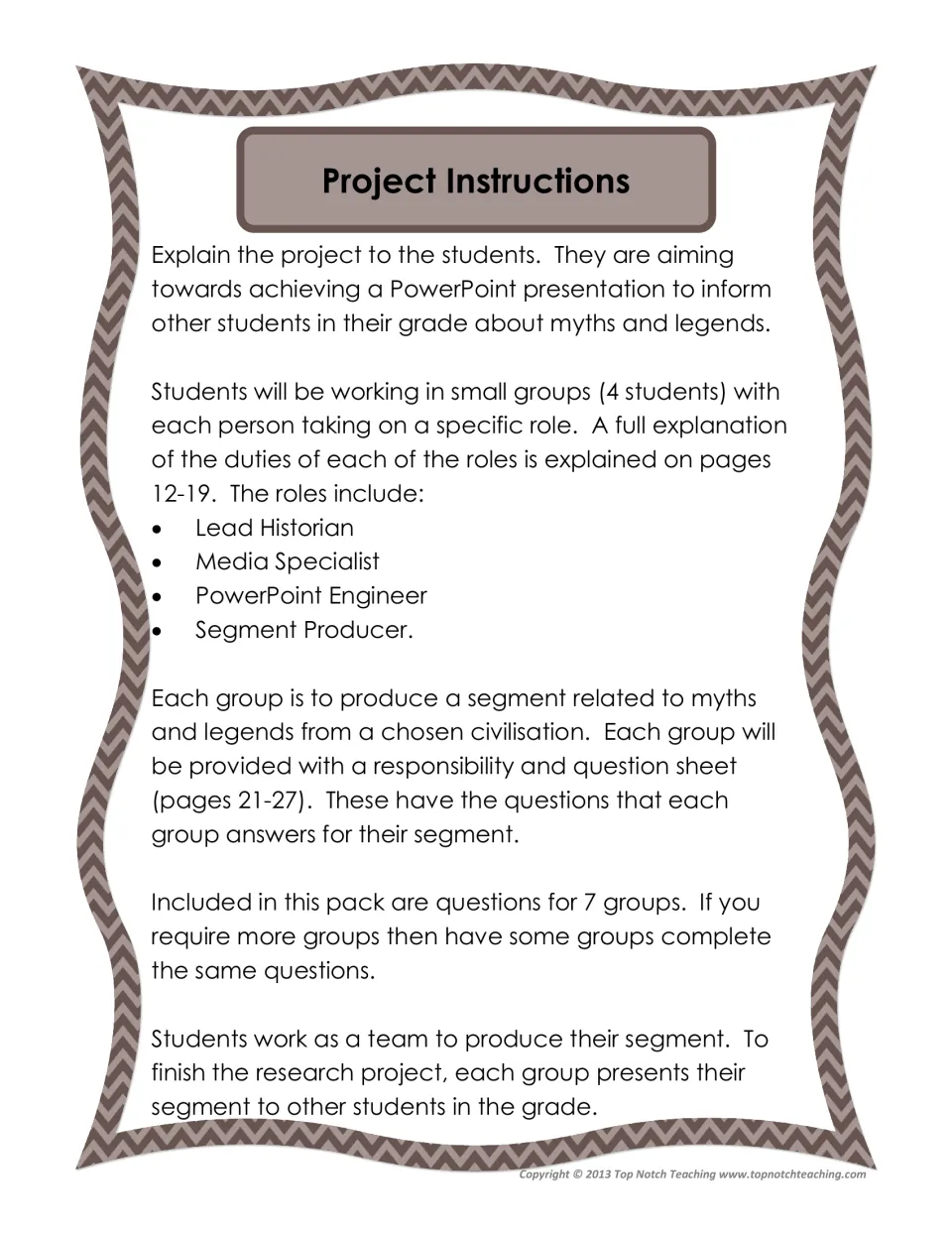 Project instructions assign four student roles and explain research questions for seven groups and presentations