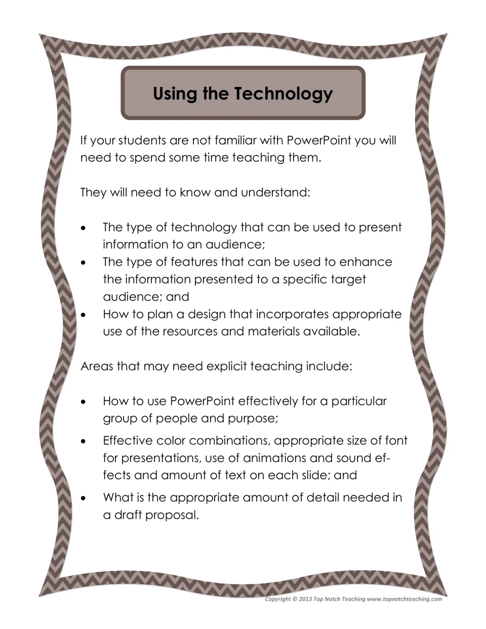 Project technology guidance covers PowerPoint audiences, color, font size, animations, sound, and slide text