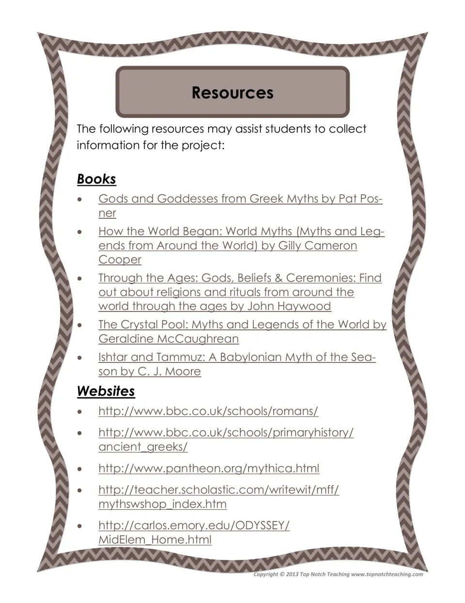 Project research resource list offers five books and five websites about myths, legends, and ancient cultures