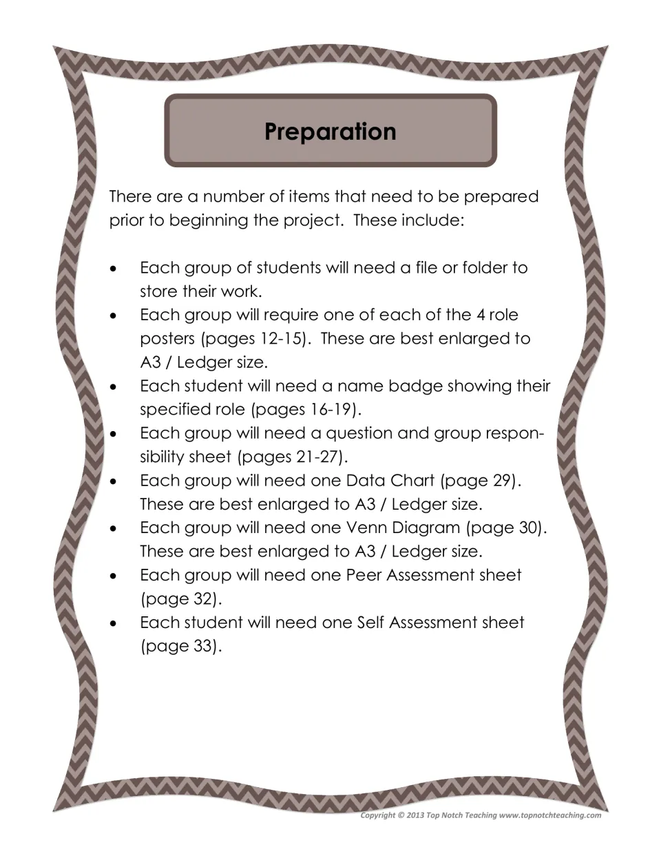Project preparation checklist covers folders, role posters, badges, question sheets, organizers, and assessments